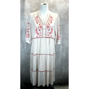 Anthro Fig & Flower Embroidered Dress Women's L Oatmeal/Red 1/4 Sleeve Maxi Boho